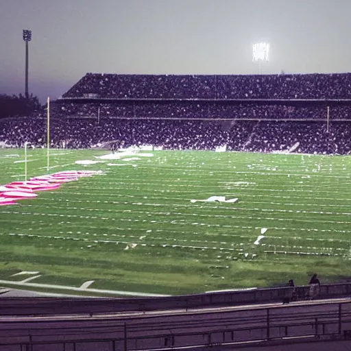 Prompt: Cellphone photo from the stands of a football stadium. An alien spacecraft lands on the field during a game