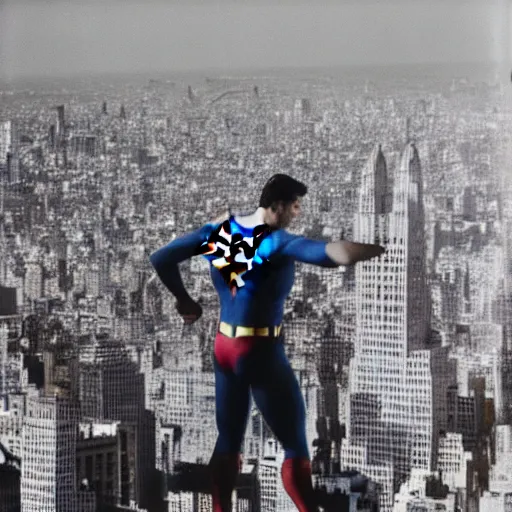 Image similar to superman from back hands on waist standing on top of the empire state building strong stance photo by annie leibovitz