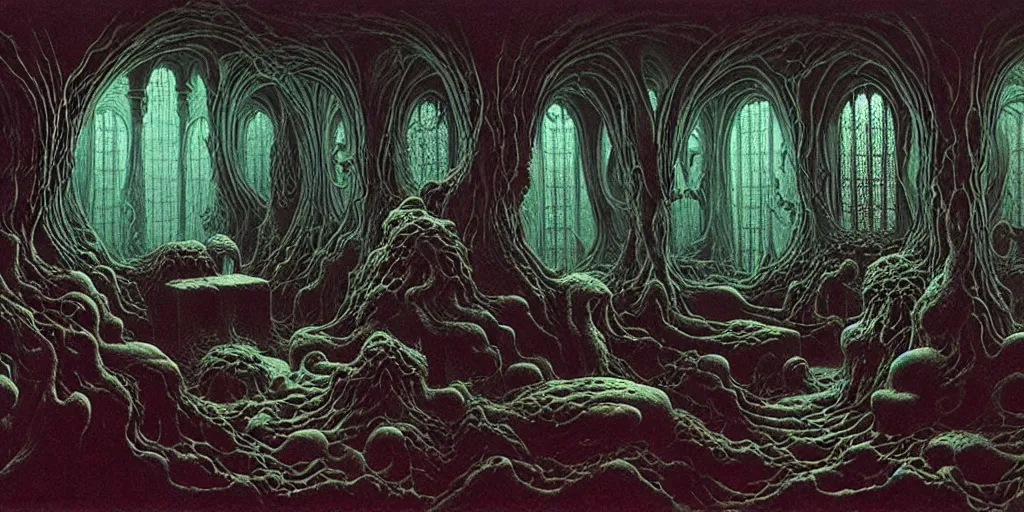 Prompt: Shoggoth's living room, Zdzislaw Beksinski, Wayne Barlowe, Joe Fenton, gothic, cosmic horror, biomorphic, lovecraftian, amazing details, cold hue's