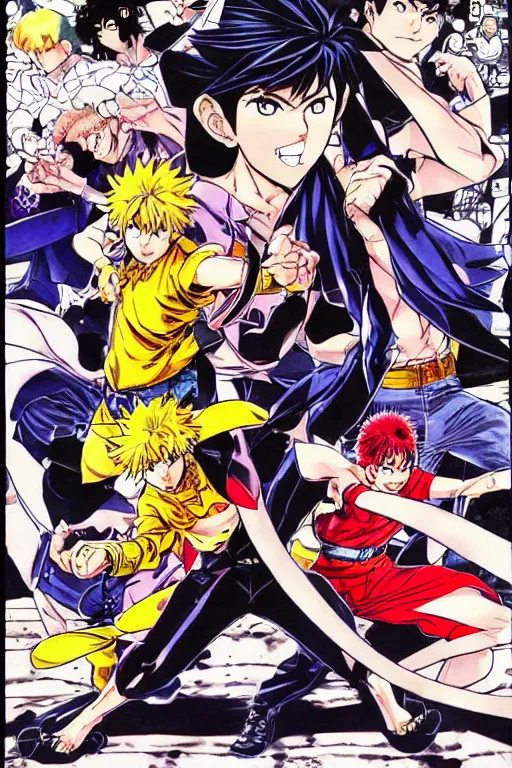 Prompt: manga cover of two characters fighting as a shounen jump cover, art by hirohiko araki, japanese comic book, art by keisuke itagaki, modern fashion outfit, dynamic poses, action poses, muscular characters