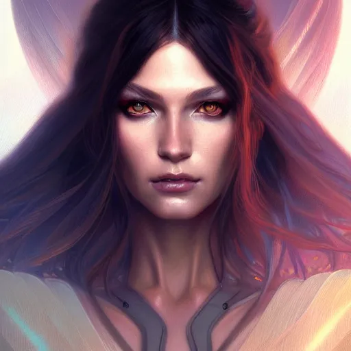 Image similar to futuristic woman portrait, sci-fi, amber eyes, face, long hair, fantasy, intricate, elegant, highly detailed, digital painting, artstation, concept art, smooth, sharp focus, illustration, art by artgerm and greg rutkowski and alphonse mucha