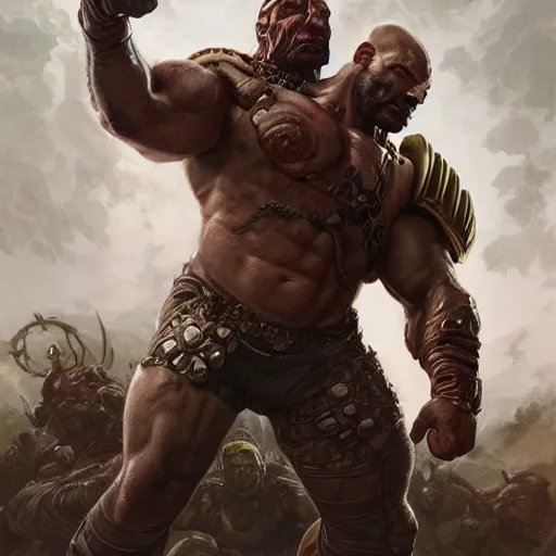 Image similar to ultra realistic illustration,, a hulking herculean dave bautista with leather armour, from doom and warhammer, intricate, elegant, highly detailed, digital painting, artstation, concept art, smooth, sharp focus, illustration, art by artgerm and greg rutkowski and alphonse mucha