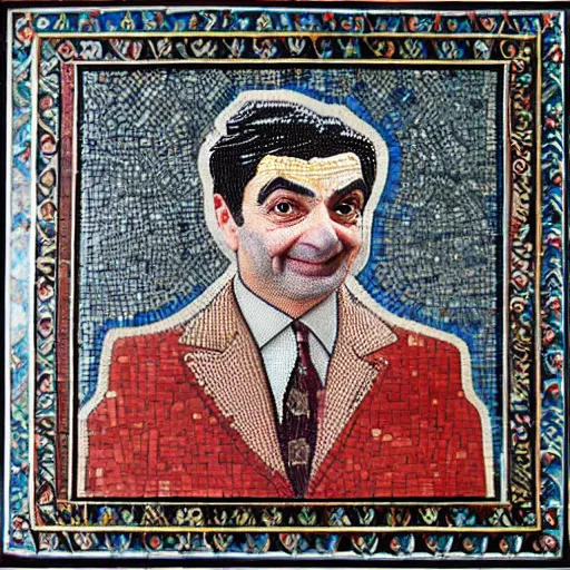 Image similar to a highly detailed ornate and intricate Persian mosaic of Mr. Bean!, gold and cobalt tiles