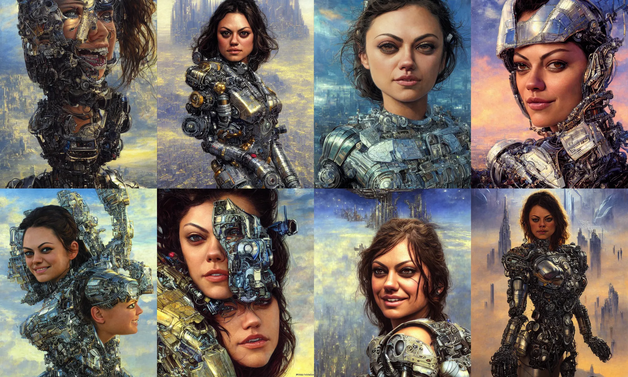 Image similar to close - up portrait of epic young mila kunis smiling into camera, intricate cyborg armor, vista of futuristic city, windy, golden hour, wlop, by gerald brom, by mikhail vrubel, by peter elson, muted colors, extreme detail, trending on artstation