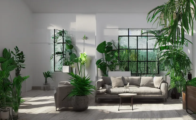 Image similar to empty room bohemian interior, big tv screen in the middle, tropical indoor plants, open shiny floor, v - ray render, high contras