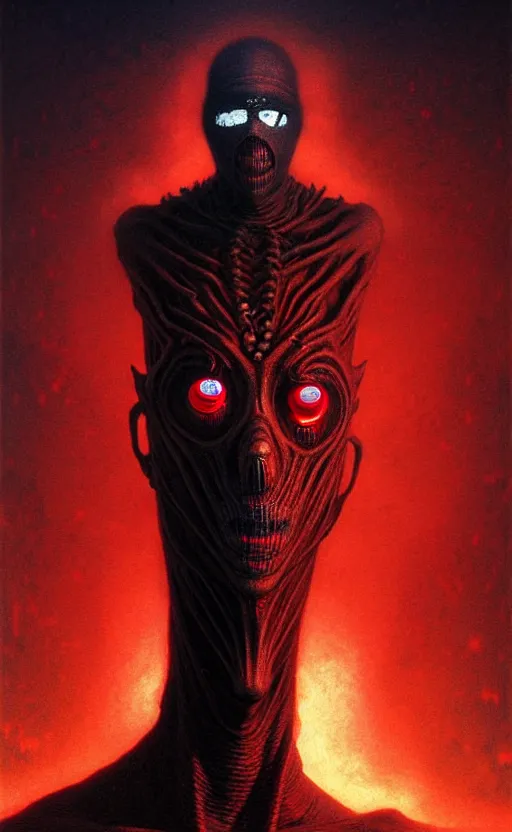 Prompt: a striking full body portrait of a pitch black masked eldritch shaman with sinister red eyes by moebius and beksinski and artgerm, detailed artwork, realism, 4 k resolution, detailed, high quality, sharp focus, hq artwork, insane detail, volumetric lighting, character concept art, fine details, tarot card, clear subject