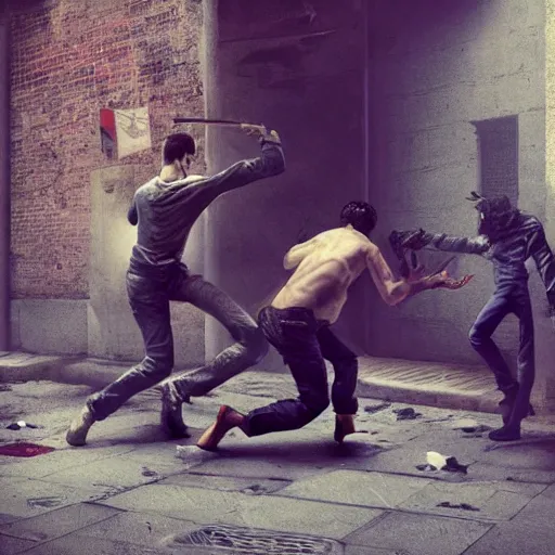 Prompt: original masterpiece artwork of 2 men choking each other during a fight in an alleyway by greg rutkowski and drew strewzan, horror, crime, hyperrealistic, octane render, exciting pose, dynamic lighting