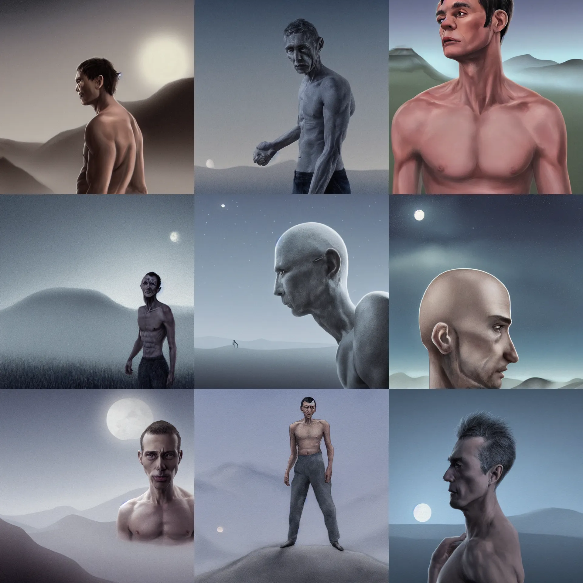 Prompt: Side view close up of a gaunt, skinny caucasian man, grey skin, with a large head and big eyes, a pronounced chin, a sad expression, shirtless, walking over a very foggy barren landscape at night. Hills and moon cover in clouds in the background. Dramatic lighting. Blue color palette. Stylish Digital art animated oil painting. Tim Burton style