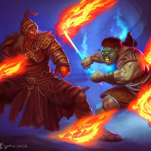 Image similar to a pyromancer is fighting a orc with blue fire, medium level shot , epic scene, Mucha style , general fantasy, illustration ,concept art,