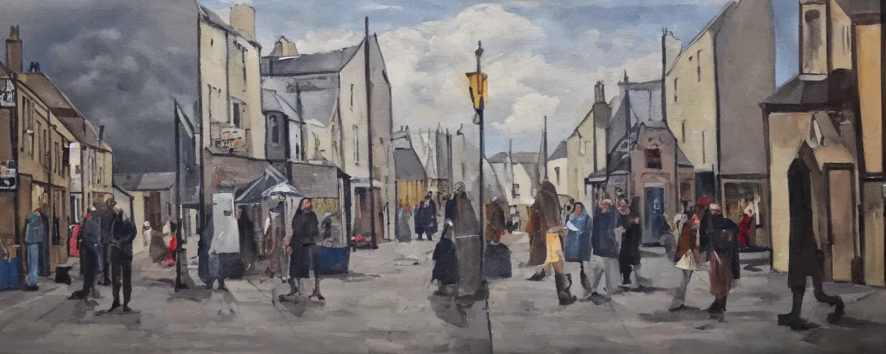 Prompt: a painting of street life in kirkwall orkney, threatening, doom, apocalytic, sinister