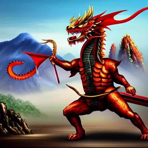 Image similar to Chinese president, battle, bananas weapon, dragon, mountains background, fighting stance, painting