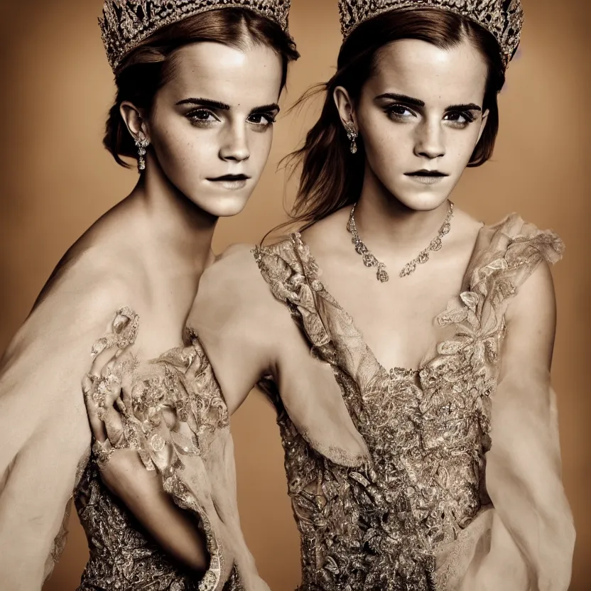 Prompt: emma watson as queen, big crown adorned with emerald, diamonds, topaz and other jewellaries, sensual, beautiful soft light failling on her face, studio photography, nikon 3 5 mm portrait photography, ultra realistic