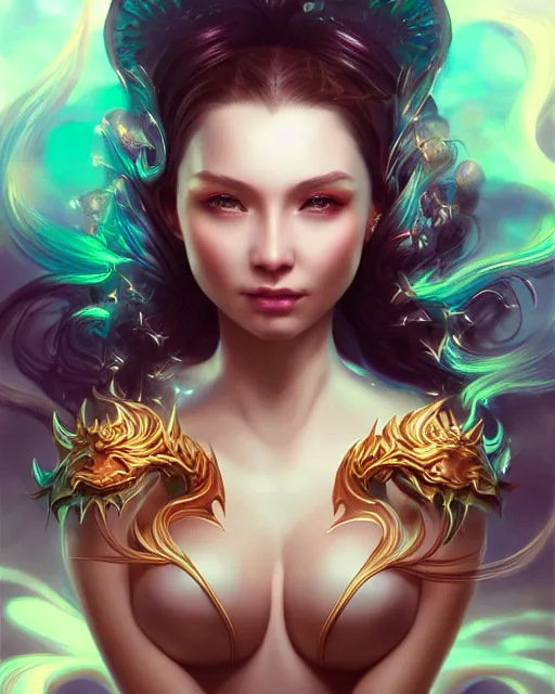 Image similar to cute female woman dragon chimera of iridescent liquid, alchemy, shiny plastic, intricate, bloom, detailed, volumetric lighting, sharp focus, photorealism, digital painting, highly detailed, concept art, by by artgerm and wlop