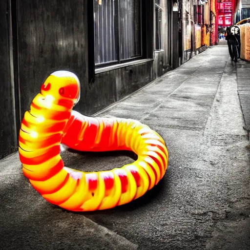 Prompt: a futuristic robotic gummi worm. dramatic product lighting. it's a gummi with extra juiciness. but it's also a worm. ick. trendy food truck in a moody alleyway. digital art, art film.