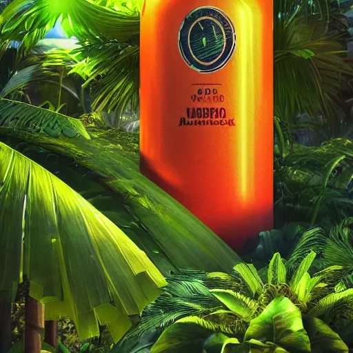 Image similar to green juice bottle in a luscious tropical grove with neon auroras, path traced, environment, highly detailed, concept art, realistic, octane render, up close shot shinji aramaki, karol bak, alphonse mucha