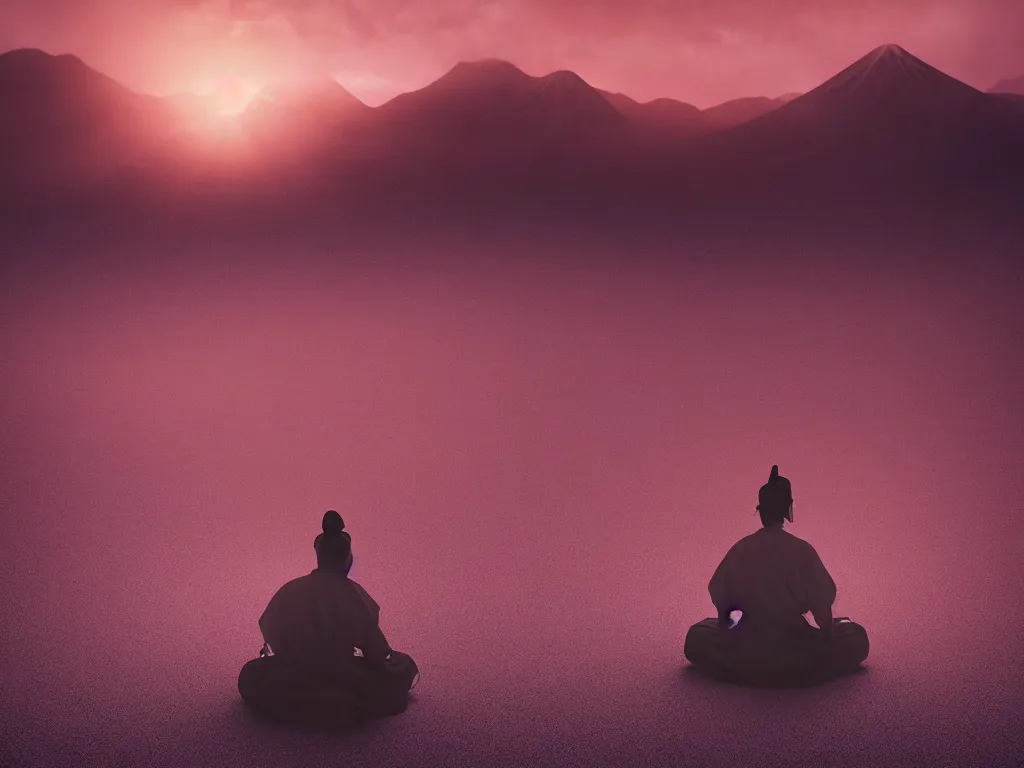 Image similar to lone japanese edo samurai sitting meditating in the middle of a soft glow pink desert with snow mountains and cloudy skies, long exposure, detailed, hyper realistic, photorealism, landscape, ultra wide angle view, peaceful, cinematic, volumetric lighting, god ray