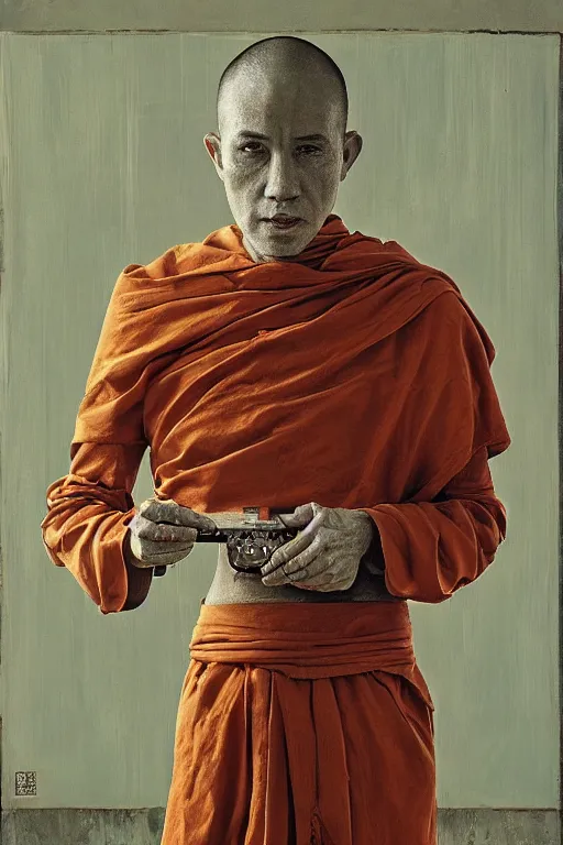 Image similar to robot monk painting a self - portrait on a canvas. intricate, highly detailed, photorealistic, film still, by christopher doyle.