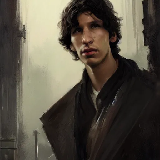 Image similar to portrait of a man by greg rutkowski, ben solo, messy black hair, tall and slender, star wars expanded universe, he is about 3 0 years old, wearing a flying jacket, friendly and trustworthy, highly detailed portrait, digital painting, artstation, concept art, smooth, sharp foccus ilustration, artstation hq