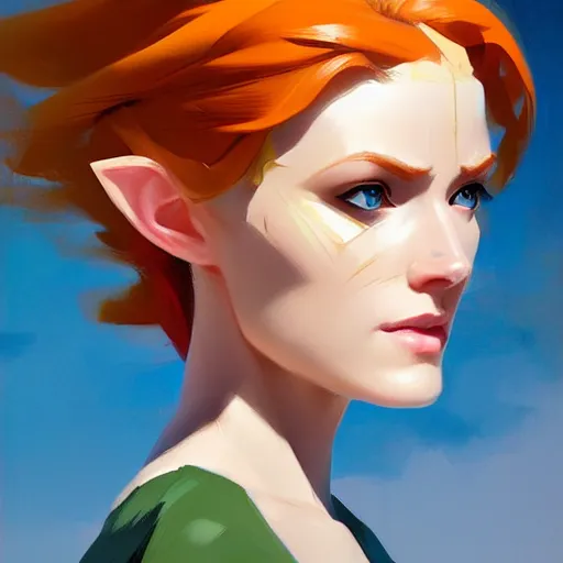 Image similar to portrait of a female Link from Triss Merigold medium shot, asymmetrical, profile picture, Organic Painting, sunny day, Matte Painting, bold shapes, hard edges, street art, trending on artstation, by Greg Manchess and Huang Guangjian and Loish and Gil Elvgren and Sachin Teng