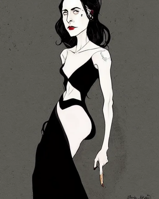 Image similar to style of abigail larson : : gorgeous willa holland : : evil witch, swirling black magic, black dress : : symmetrical face, symmetrical eyes : : full body pose : : gorgeous black hair : : magic lighting, low spacial lighting : :