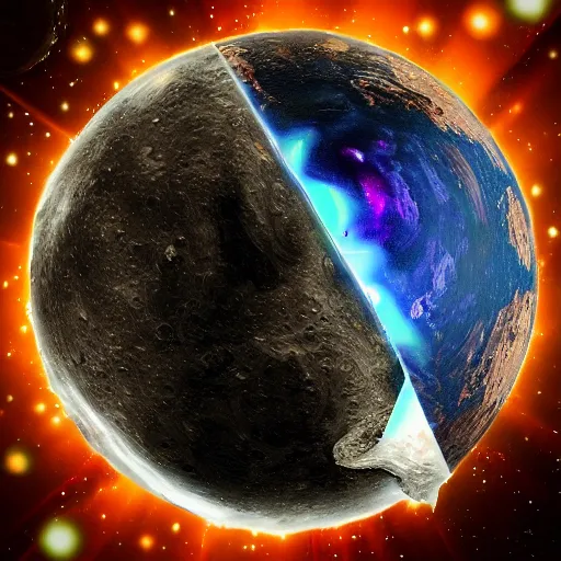 Prompt: giant disco ball in space attacking planet earth, destroyed moon, fractured planet, highly detailed, 3d