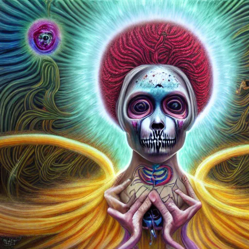 Prompt: the awakening of santa muerte with colorful dreadlocks, by anton semenov, alex grey, and amanda sage in a surreal psychedelic style, oil on canvas, dark and menacing, 8k hd,