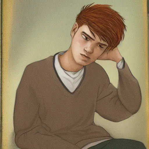 Image similar to storybook illustration swinish portrait of a melancholic young dude 2 9 years old