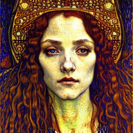 Image similar to detailed realistic beautiful young medieval queen face portrait by jean delville, gustav klimt and vincent van gogh, art nouveau, symbolist, visionary, gothic, pre - raphaelite, muted earthy colors, desaturated