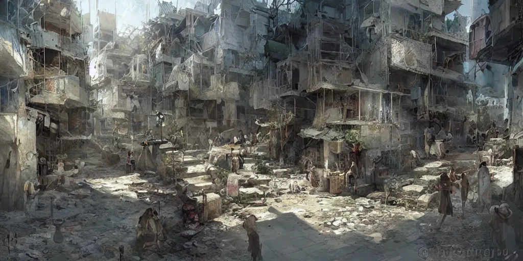 Prompt: hyper realistic, beautiful syrian slums village, cleaned up,, concept art, painted by greg rutkowski, highly detailed,