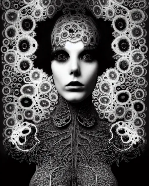 Image similar to surreal dark poetic black and white photo portrait of complex bio-mechanical beautiful young silver female vegetal-cyborg with a Mandelbrot fractal steampunk metal fine lace face, a very long neck and a fine metal floral foliage super big lace collar by Vivienne Westwood:: smoke, high fashion, haute couture, rococo, steampunk, avant-garde, silver filigree details, anatomical, facial muscles, cable wires, microchip, elegant, dreamy, foggy atmosphere, hyper realistic, 150 mm lens, soft rim light, octane render, unreal engine, picture was taken in 1910 by Man Ray, volumetric lighting, dramatic light,8k,