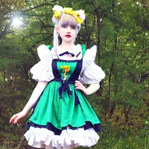 Image similar to A solarpunk-themed lolita outfit ; the fabric has pictures of windmills, solar panels and tall eco-friendly green buildings covered in leaves. A beautiful lolita dress, themed for a lush green eco-friendly utopian future city. Angelic Pretty