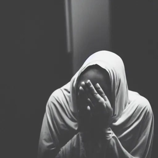 Image similar to 55mm photo of a shrouded sobbing woman praying the rosary