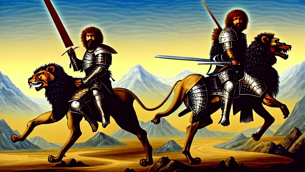 Image similar to fully armored knight wielding an automatic weapon fighting a lion in a medieval setting, painted by bob ross