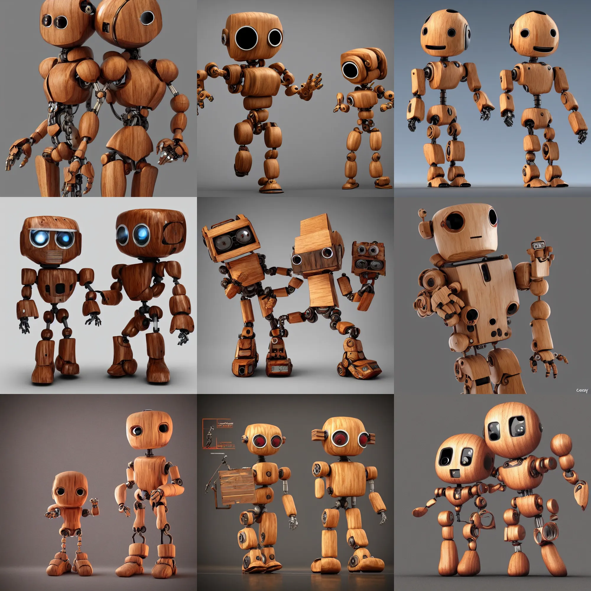 Prompt: 3 d octane render ultra photo realistic, wood figurine art cute robot wood, cyberpunk, concept art award winning, style popart by loftis cory, jean james