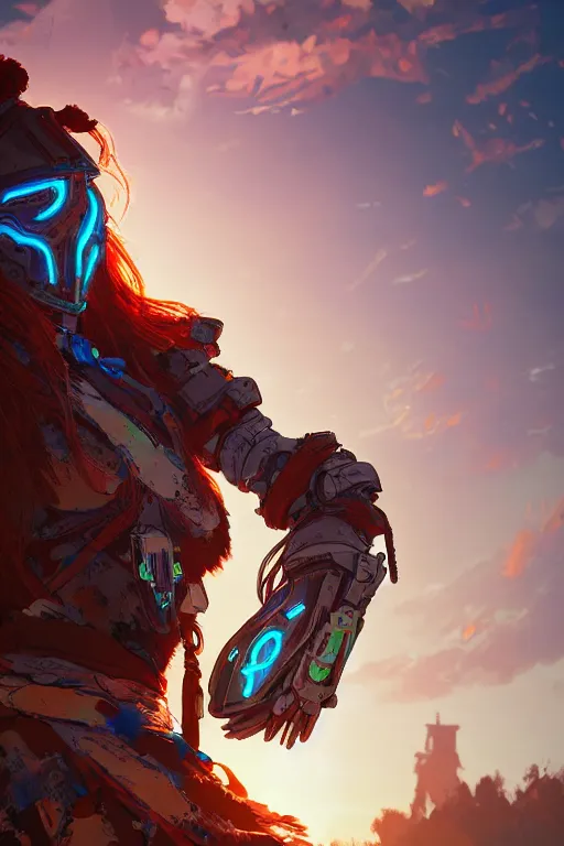 Image similar to combination suit armor aloy horizon forbidden west horizon zero dawn radiating a glowing aura global illumination ray tracing hdr fanart arstation by ian pesty and alena aenami artworks in 4 k tribal robot ninja mask helmet backpack