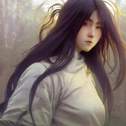 Image similar to a girl is running, sport clothing, sport anime, long hair, hair down, symmetrical facial features, from arknights, hyper realistic, highly detailed, rule of thirds, extreme detail, detailed drawing, trending artstation, realistic lighting, sport magazine, by alphonse mucha, greg rutkowski, sharp focus, backlit, real faces, realistic anatomy