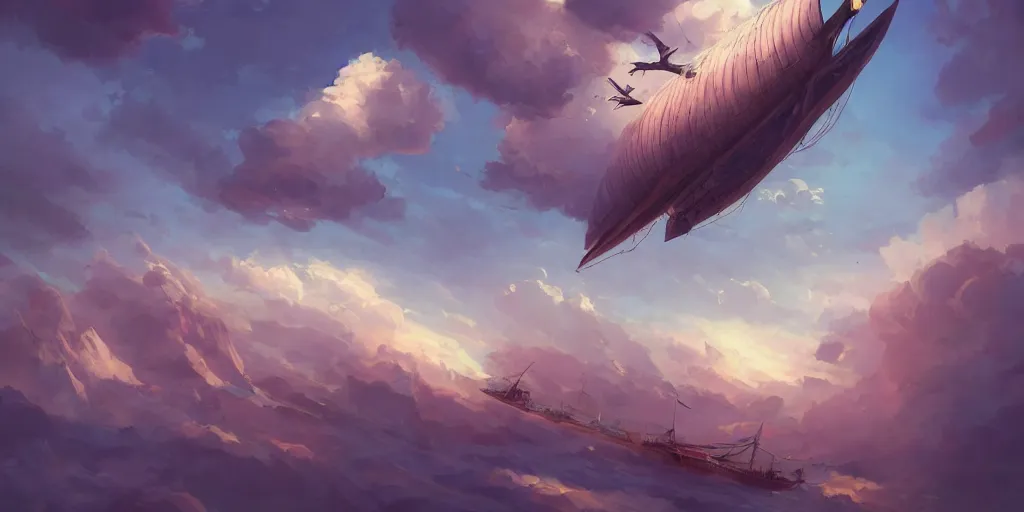 Image similar to a large 1 8 th century pirate airship flying among the clouds, soaring through the sky, airship, digital art, pirate ship, vivid colors, artgerm, james gilleard, very beautiful, highly detailed, volumetric lighting, award winning, intricate, trending on art station