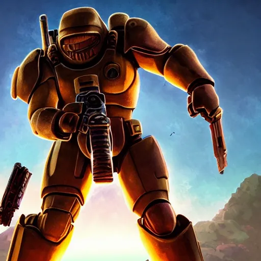 Prompt: a wholesome animation key shot of a doomguy, close up, studio ghibli, pixar and disney animation, sharp, rendered in unreal engine 5, clear sky, anime key art by greg rutkowski, bloom, dramatic lighting