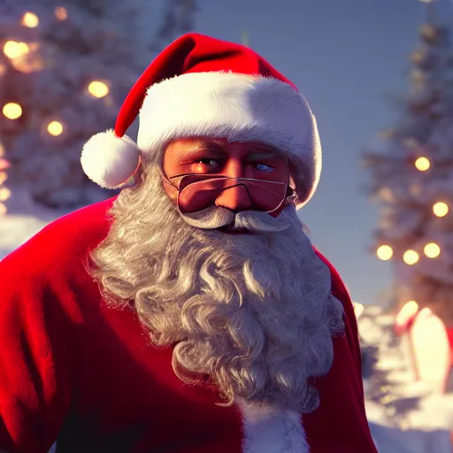 Image similar to high quality photo of santa claus as a gangsta, movie still, cinematic, 8 k, unreal engine, 3 d render