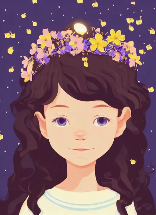 Image similar to a little girl with wavy curly light brown hair and blue eyes. she is wearing a flower crown and chasing fireflies. clean cel shaded vector art. shutterstock. behance hd by lois van baarle, artgerm, helen huang, by makoto shinkai and ilya kuvshinov, rossdraws, illustration, art by ilya kuvshinov