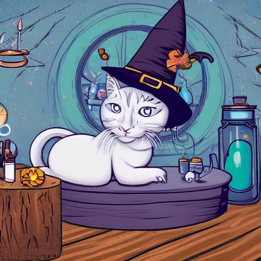 Image similar to a full body beautifull witch with white hair in an old room a cristal ball in a wood table with a potions and old instruments in the floor a white cat licking his paw in a fantasy style paiting