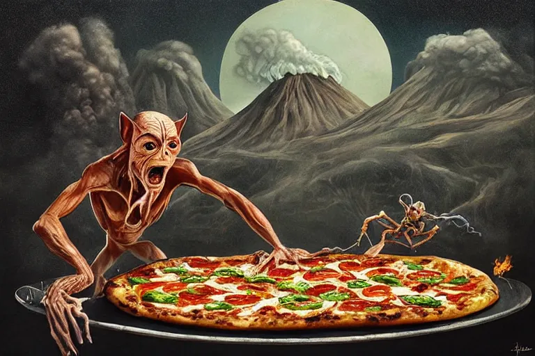 Image similar to a highly detailed gollum making pizza! using a blowtorch!, a volcano in the background is spewing black smoke, with streams of hot lava flowing, post - apocalyptic vibe, full body, wide angle, an ultrafine detailed painting by joe fenton, trending on deviantart, pop surrealism, whimsical, lowbrow, perfect symmetrical face, sharp focus, octane, masterpiece