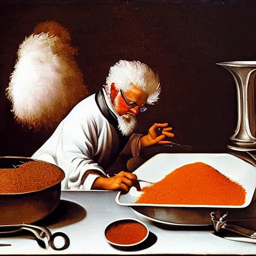 Image similar to Colonel Sanders shakes spices into a metal pot. Painted by Caravaggio, high detail