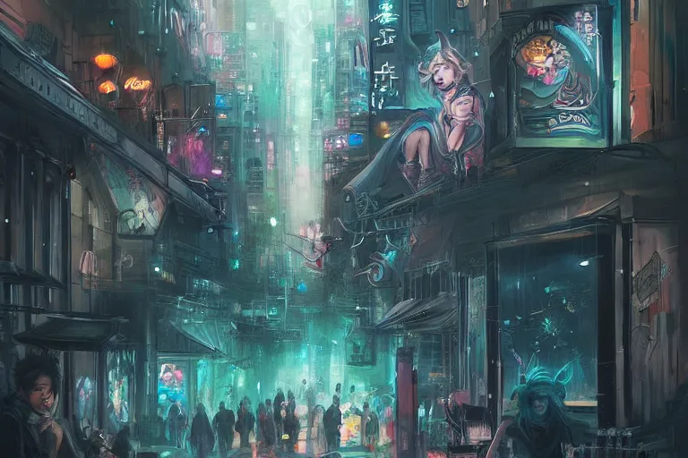 Image similar to a beautiful paiting of Night Life of downtown street by Ross Tran, dark ambient, beautiful, UHD, hyperrealism, Surreal and Fantasy Art, absurdist