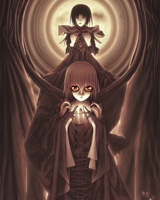 Image similar to spooky and creepypasta halloween night, symmetrical face, anime style, scenery wallpaper aesthetic, cinematic, dramatic, super detailed and intricate, hyper realistic, 4 k render, by artgerm, by kyoung hwan kim, by ralph mcquarrie, by yoshiyuki tomino