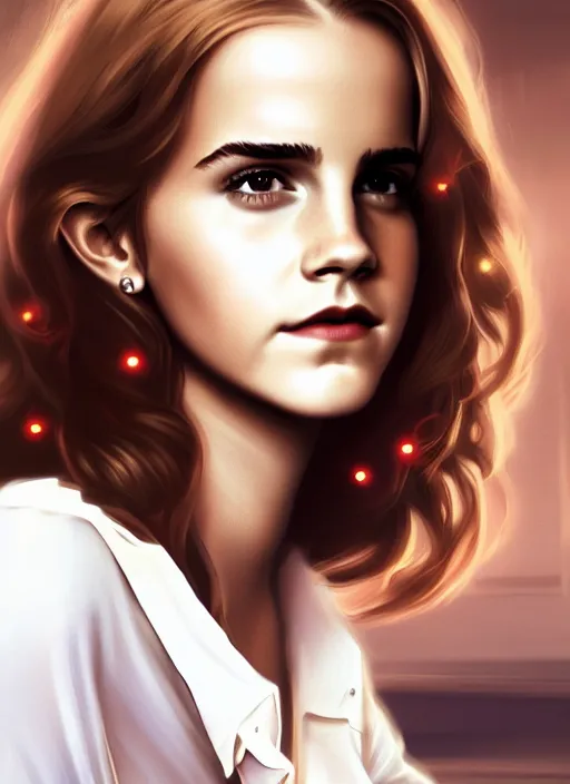 Image similar to portrait of teenage emma watson, long haircut, flowing blonde curly hair, white shirt, red tie, smiling kindly, soviet house at background, 1 9 8 0 s, intricate, elegant, glowing lights, highly detailed, digital painting, artstation, concept art, smooth, sharp focus, illustration, art by wlop, mars ravelo and greg rutkowski