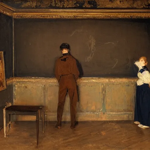 Image similar to a young man and a young woman solving an escape room puzzle, mysterious markings on the wall, by alfred stevens