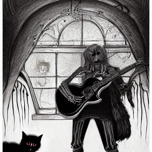 Image similar to skeleton wearing headphones, watching girl playing guitar while her black cat standing next to her, detailed intricate ink illustration, dark atmosphere, detailed illustration, hd, 4k, digital art, overdetailed art, by greg rutkowski, by loish, complementing colors, Trending on artstation