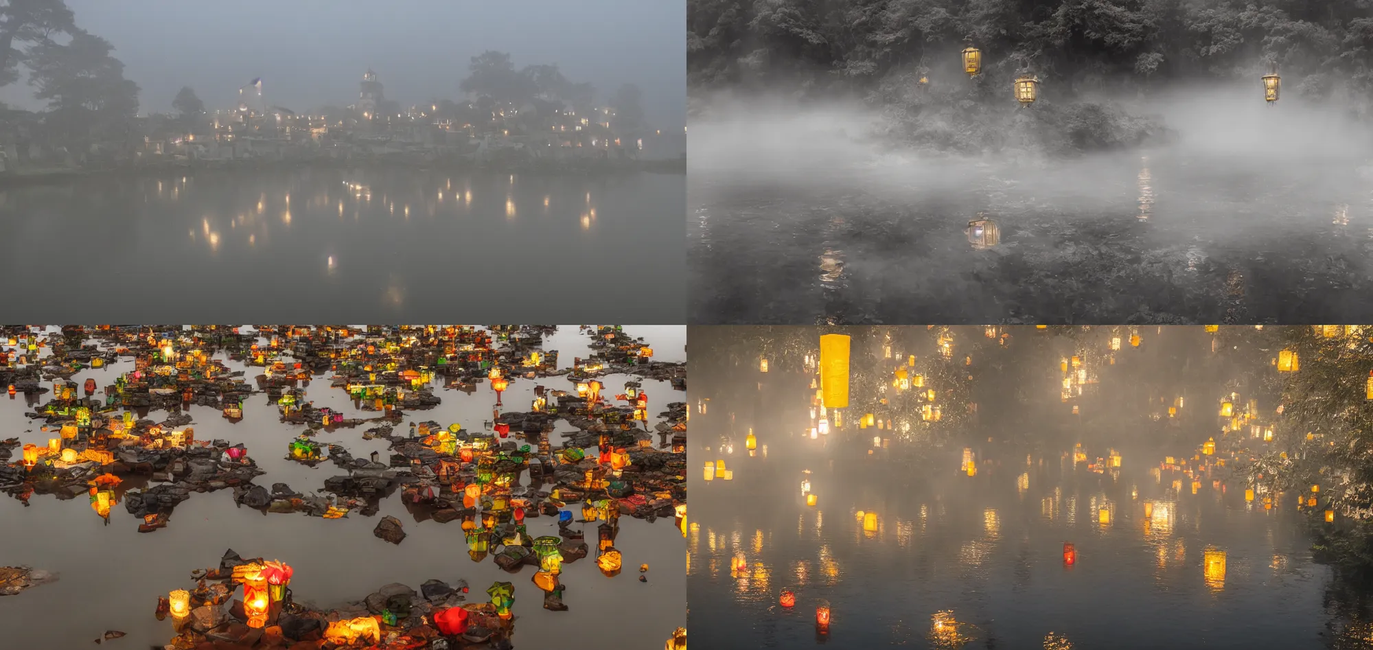 Prompt: floating temple and lanterns on water, misty, dark, long exposure, 8k