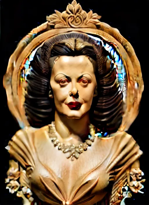 Image similar to high intricate bust of an hedy lamarr carved from wood in baroque style, studio light, maria panfilova, andrea savchenko, mike kime, ludovic plouffe, qi sheng luo, oliver cook, trending on artstation